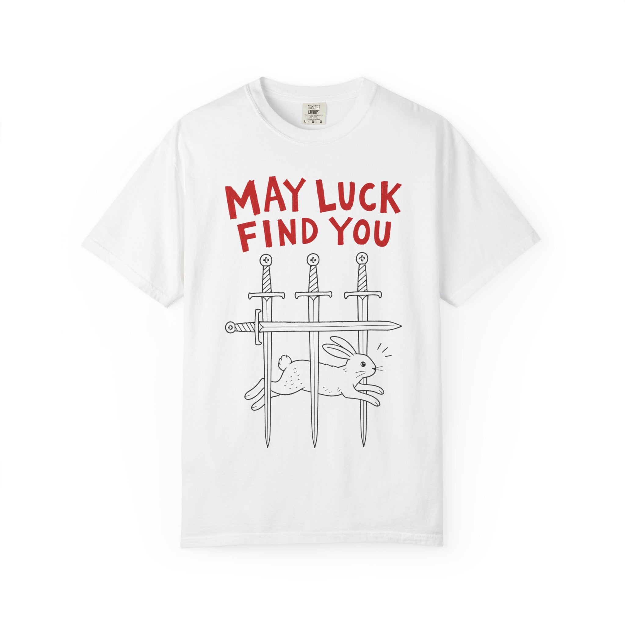 May Luck Find You T-Shirt — Lucky Rabbit & Swords Graphic Tee
