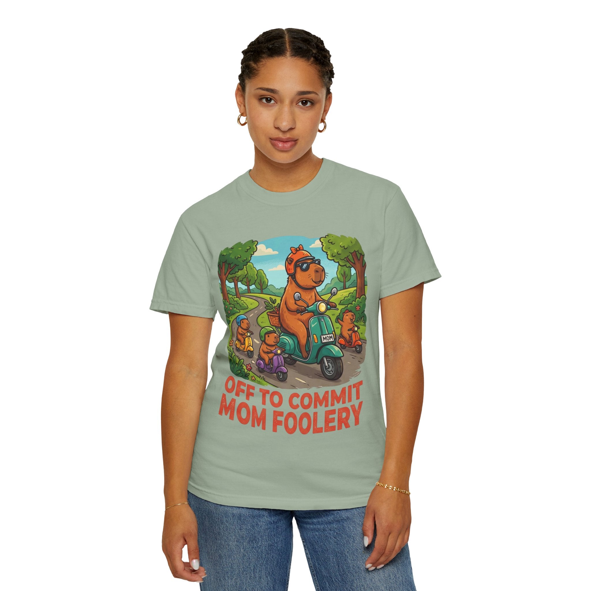 Mom Foolery Scooter Bear T-Shirt — "Off to Commit Mom Foolery" Graphic Tee