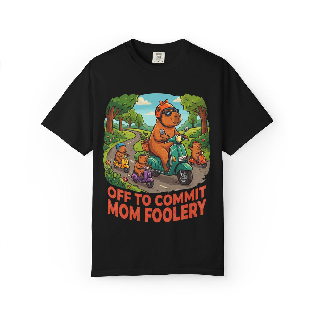 Mom Foolery Scooter Bear T-Shirt — "Off to Commit Mom Foolery" Graphic Tee