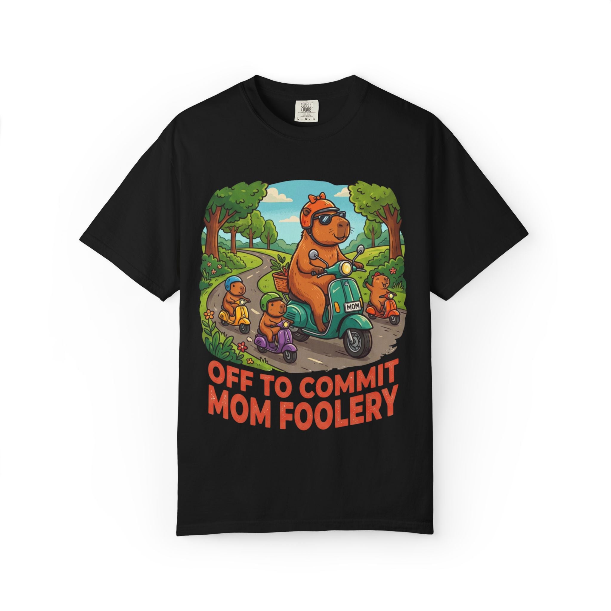 Mom Foolery Scooter Bear T-Shirt — "Off to Commit Mom Foolery" Graphic Tee