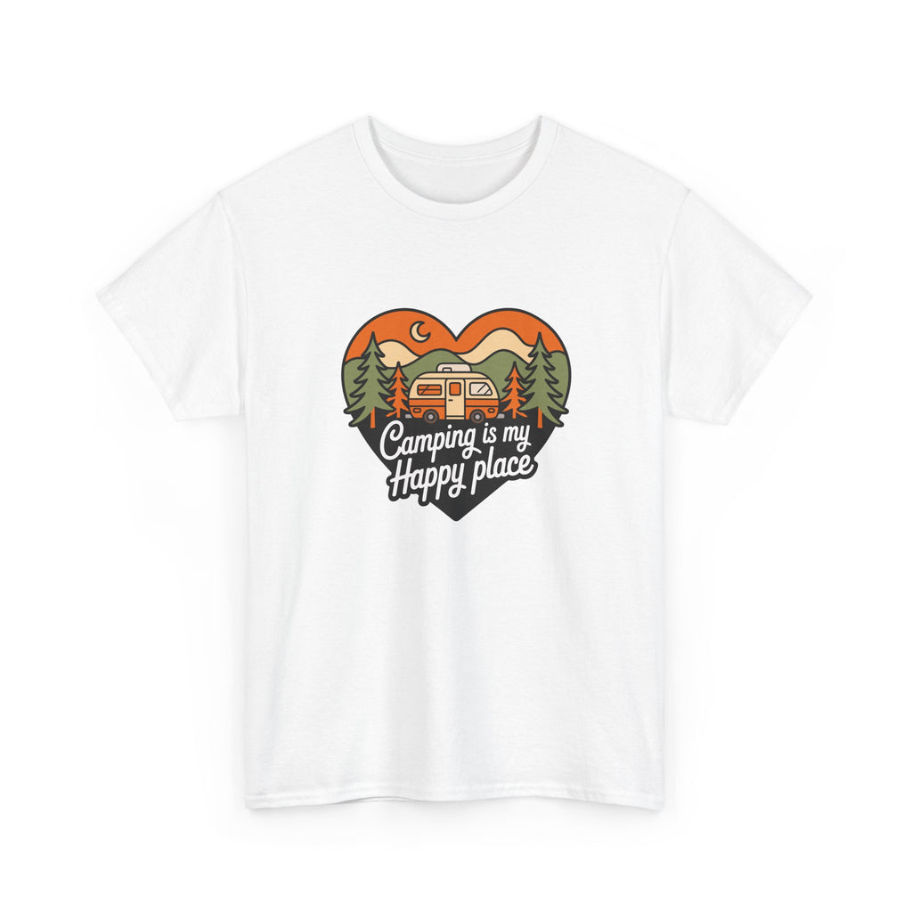 Camping Is My Happy Place T-Shirt — Heart Camper Graphic Tee for Outdoor Lovers