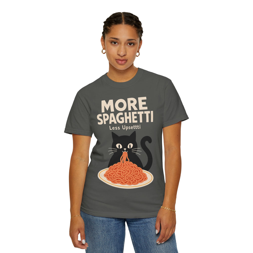More Spaghetti Cat T‑Shirt — Cute Black Cat Eating Pasta Graphic Tee