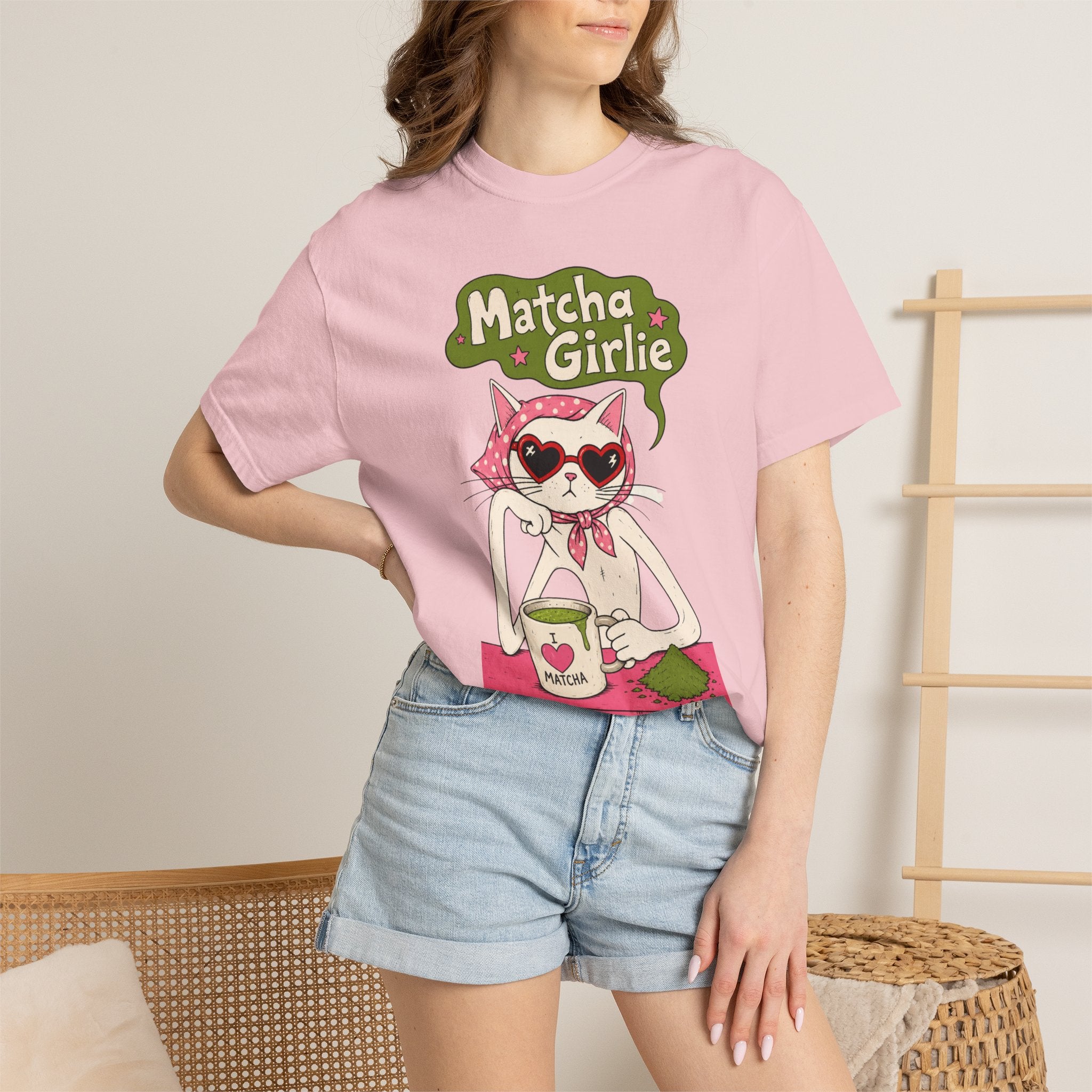 Matcha Girlie T-Shirt — Cute Cat Drinking Matcha Graphic Tee