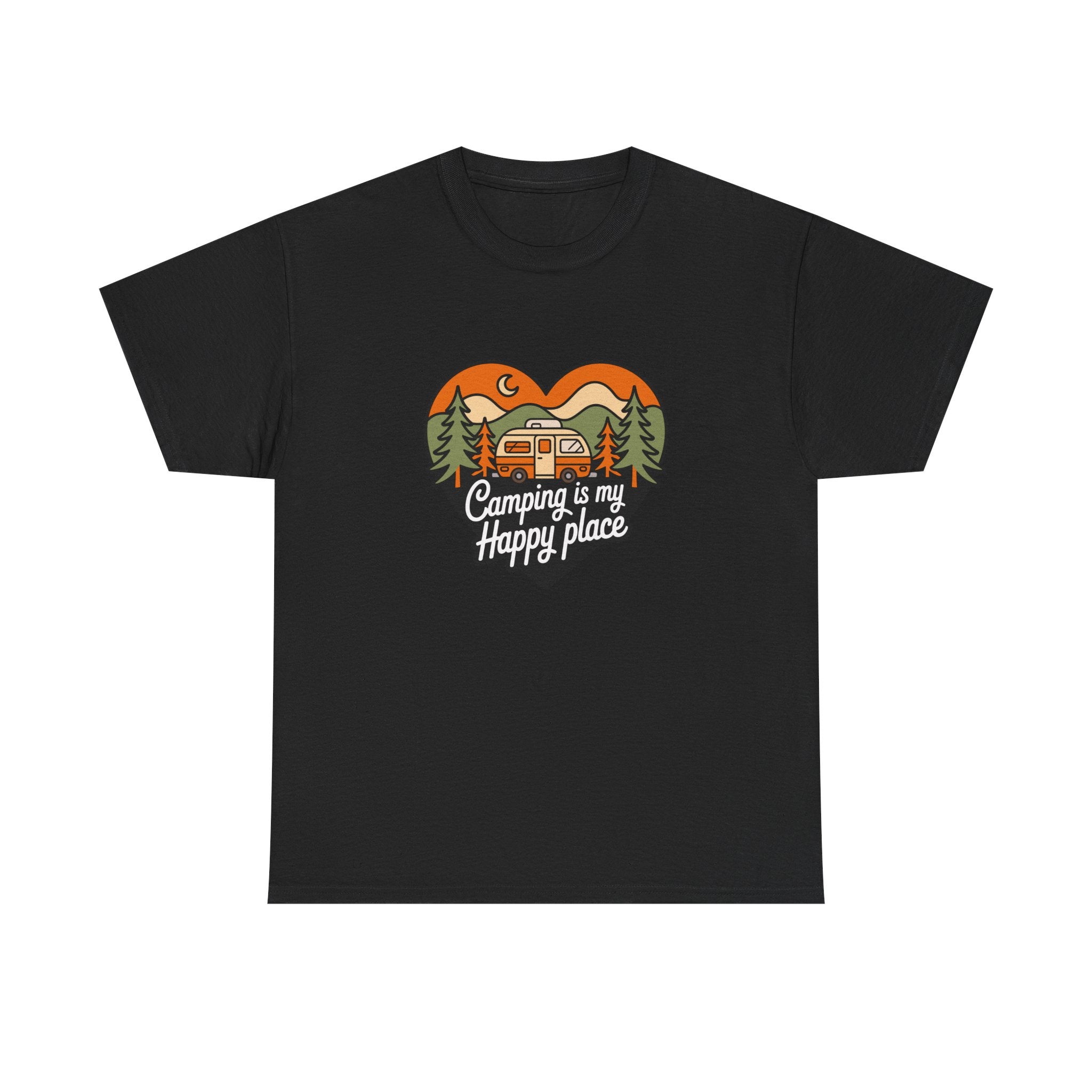 Camping Is My Happy Place T-Shirt — Heart Camper Graphic Tee for Outdoor Lovers