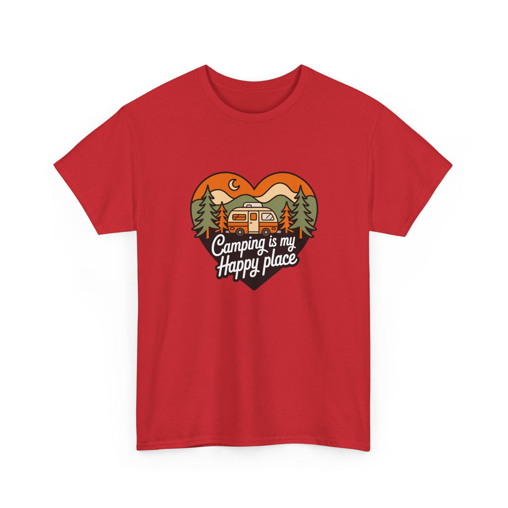 Camping Is My Happy Place T-Shirt — Heart Camper Graphic Tee for Outdoor Lovers