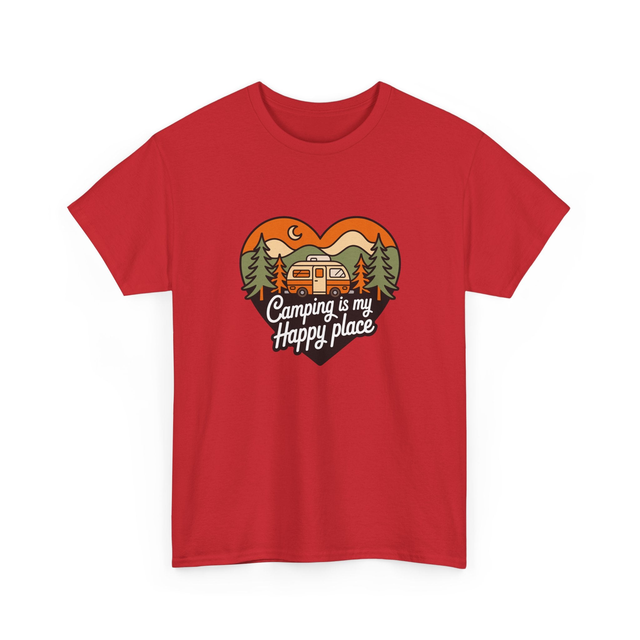 Camping Is My Happy Place T-Shirt — Heart Camper Graphic Tee for Outdoor Lovers