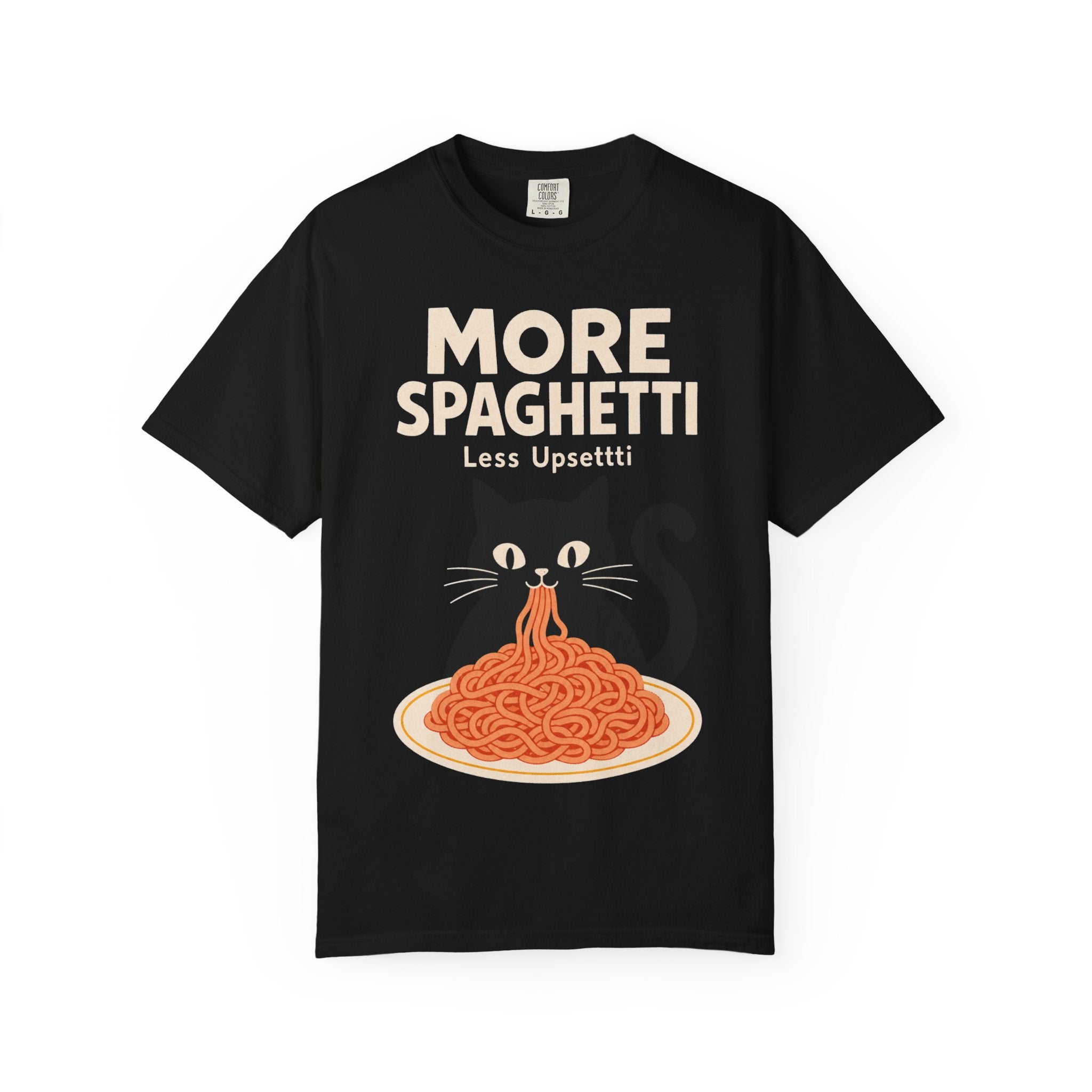 More Spaghetti Cat T‑Shirt — Cute Black Cat Eating Pasta Graphic Tee