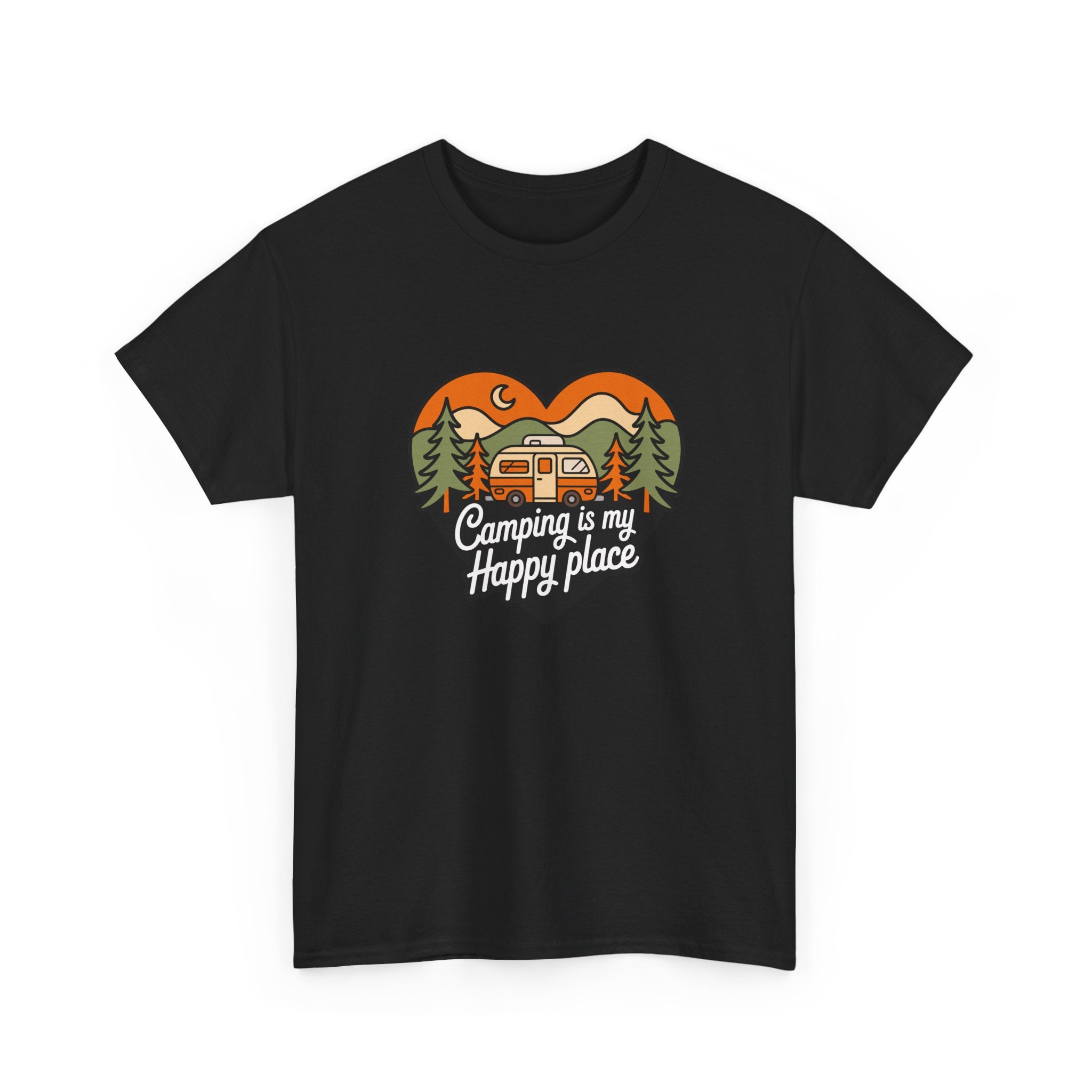 Camping Is My Happy Place T-Shirt — Heart Camper Graphic Tee for Outdoor Lovers