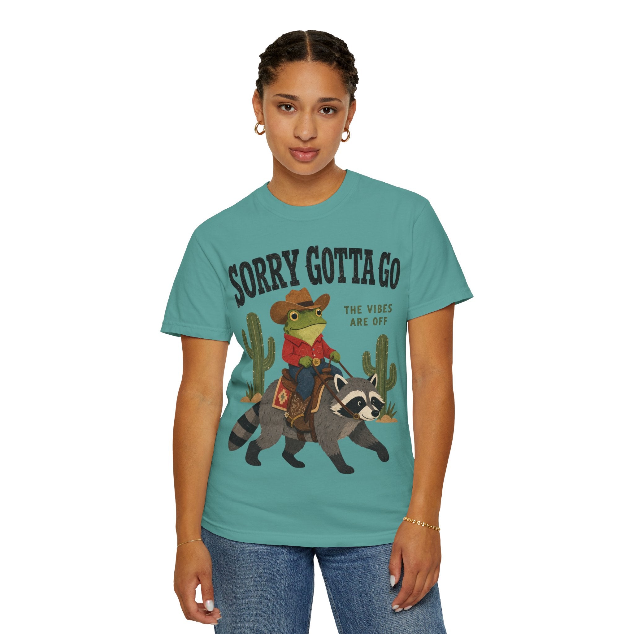 Sorry Gotta Go T-Shirt — Cowboy Frog Riding Raccoon (The Vibes Are Off)