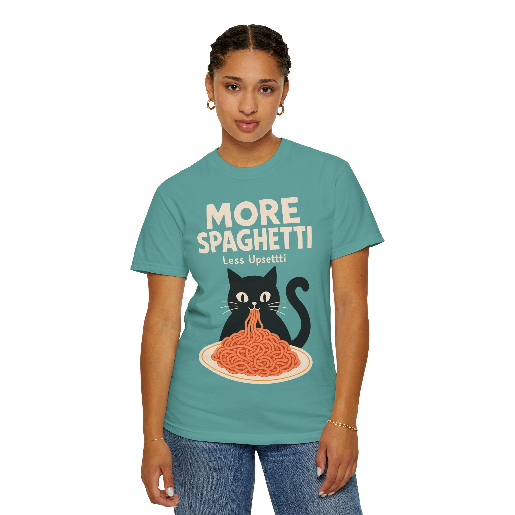 More Spaghetti Cat T‑Shirt — Cute Black Cat Eating Pasta Graphic Tee