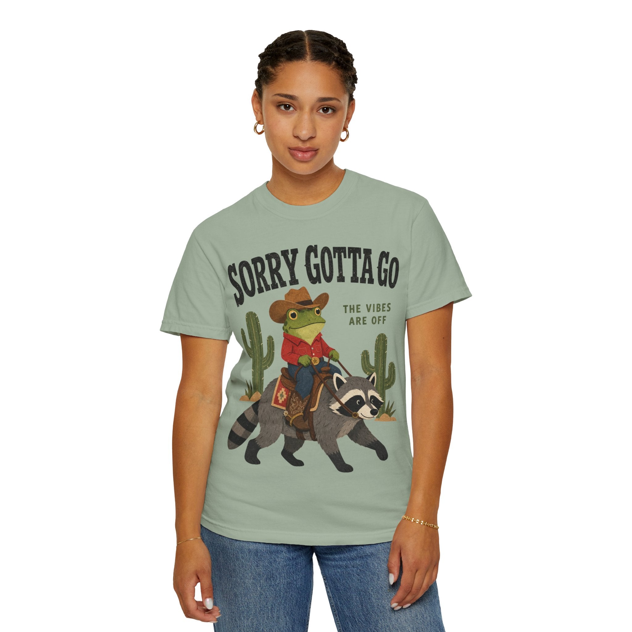 Sorry Gotta Go T-Shirt — Cowboy Frog Riding Raccoon (The Vibes Are Off)