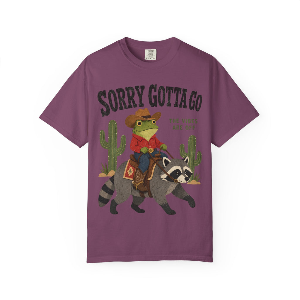 Sorry Gotta Go T-Shirt — Cowboy Frog Riding Raccoon (The Vibes Are Off)