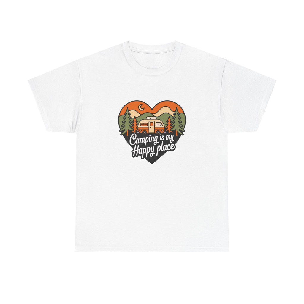 Camping Is My Happy Place T-Shirt — Heart Camper Graphic Tee for Outdoor Lovers
