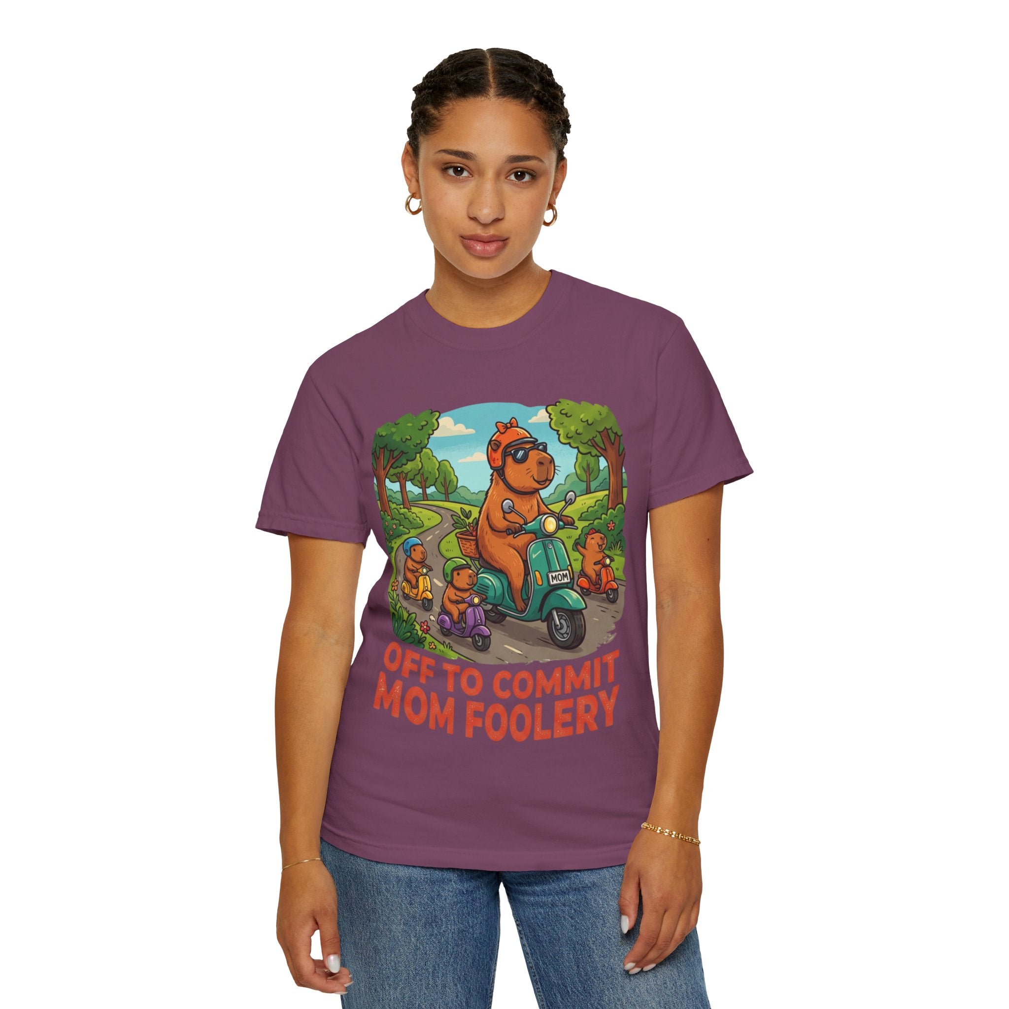 Mom Foolery Scooter Bear T-Shirt — "Off to Commit Mom Foolery" Graphic Tee