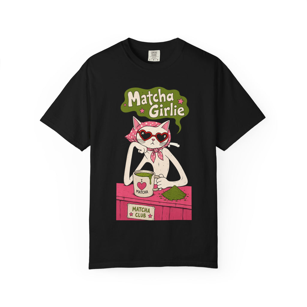 Matcha Girlie T-Shirt — Cute Cat Drinking Matcha Graphic Tee