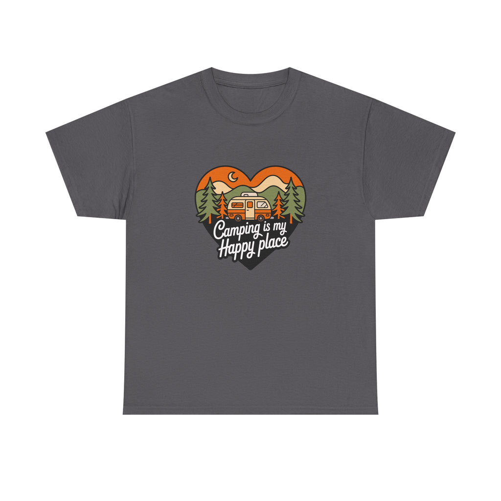 Camping Is My Happy Place T-Shirt — Heart Camper Graphic Tee for Outdoor Lovers