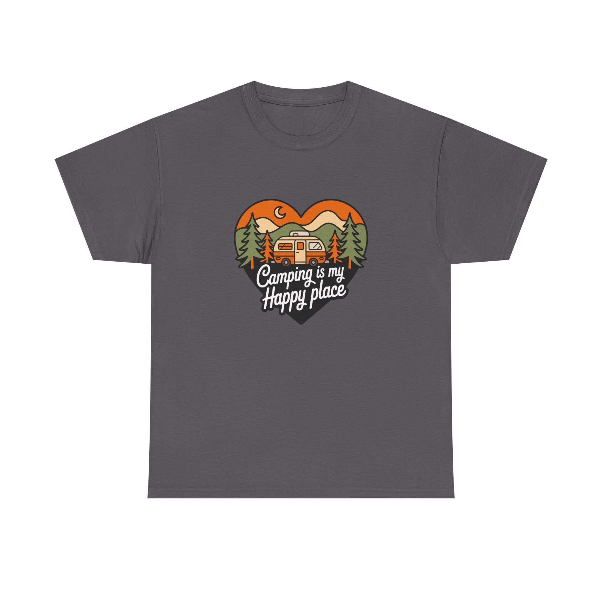 Camping Is My Happy Place T-Shirt — Heart Camper Graphic Tee for Outdoor Lovers