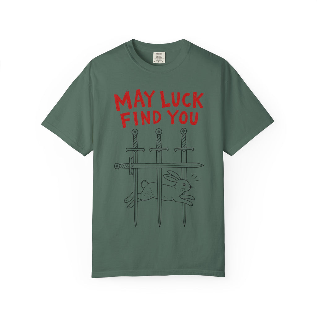 May Luck Find You T-Shirt — Lucky Rabbit & Swords Graphic Tee