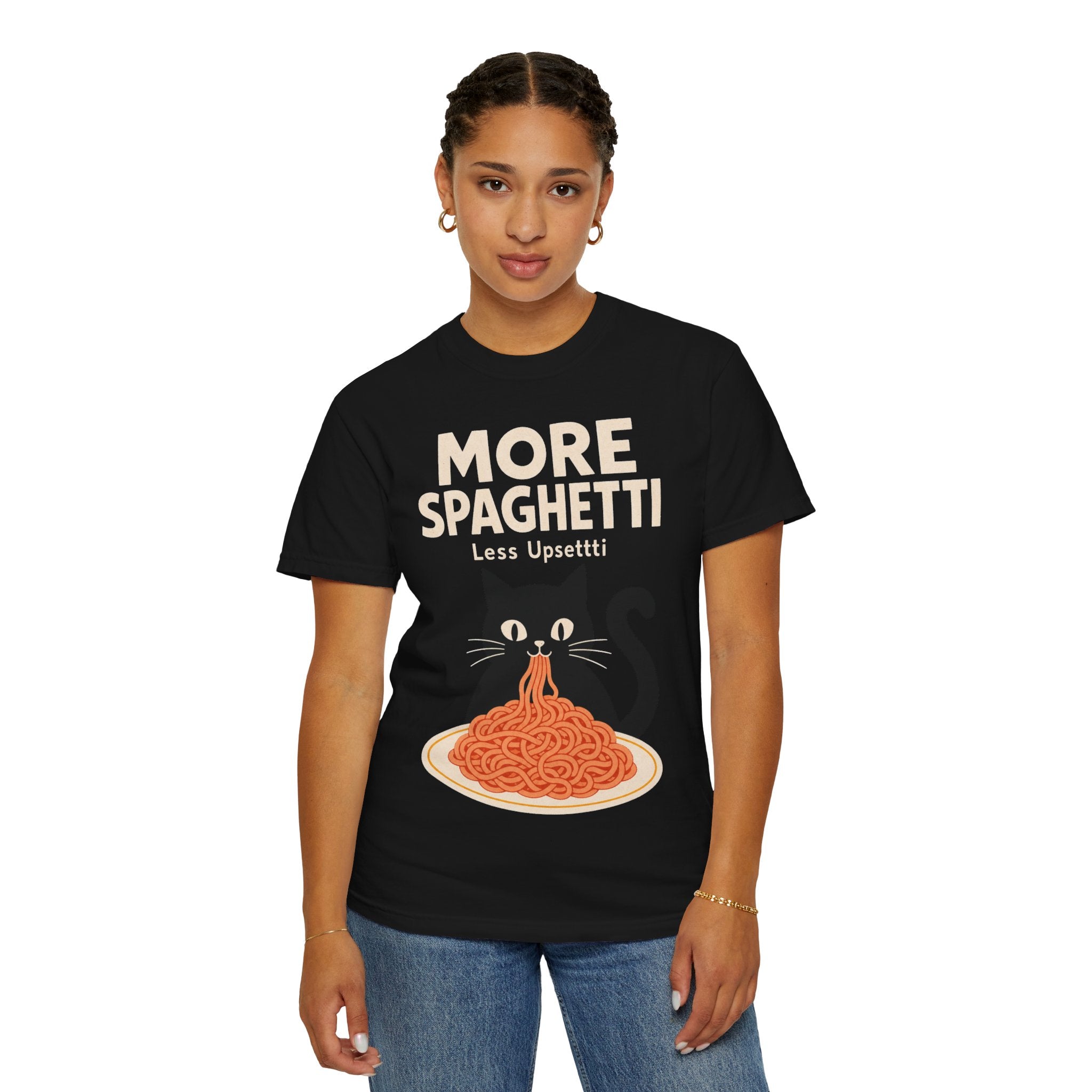 More Spaghetti Cat T‑Shirt — Cute Black Cat Eating Pasta Graphic Tee