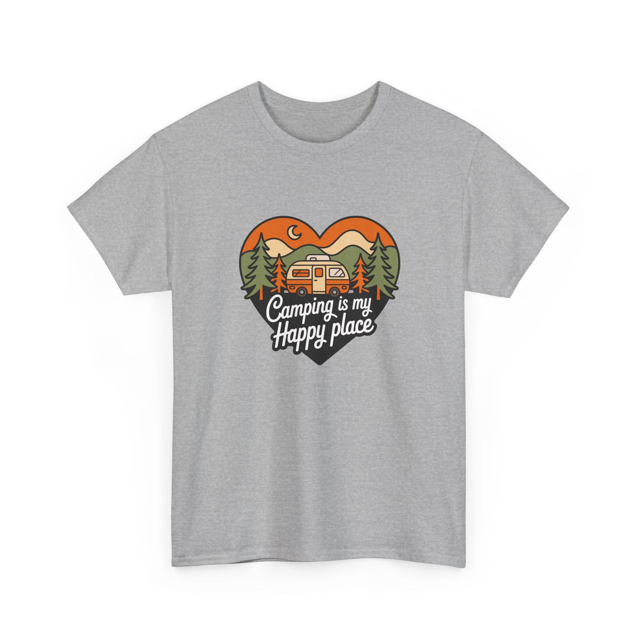 Camping Is My Happy Place T-Shirt — Heart Camper Graphic Tee for Outdoor Lovers