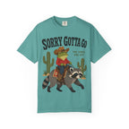 Sorry Gotta Go T-Shirt — Cowboy Frog Riding Raccoon (The Vibes Are Off)