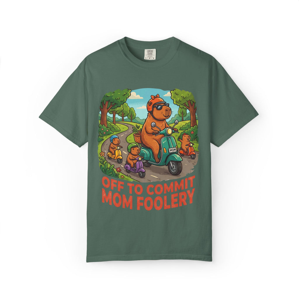Mom Foolery Scooter Bear T-Shirt — "Off to Commit Mom Foolery" Graphic Tee