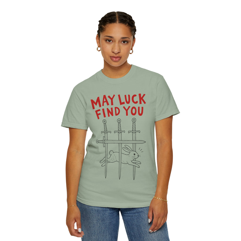 May Luck Find You T-Shirt — Lucky Rabbit & Swords Graphic Tee