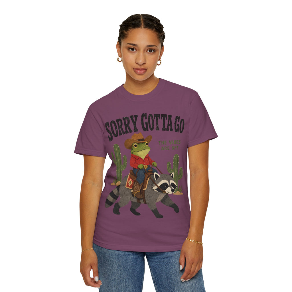 Sorry Gotta Go T-Shirt — Cowboy Frog Riding Raccoon (The Vibes Are Off)
