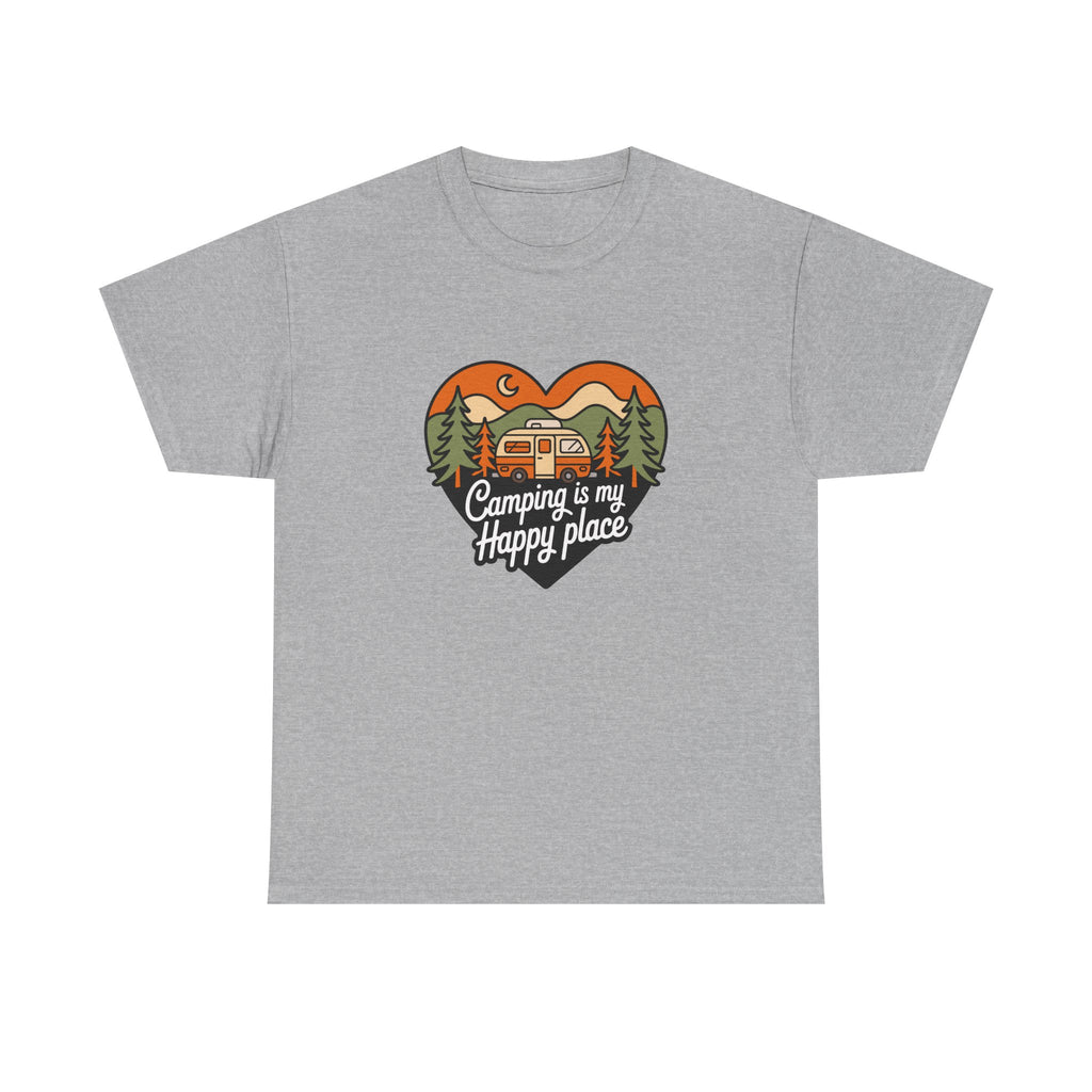 Camping Is My Happy Place T-Shirt — Heart Camper Graphic Tee for Outdoor Lovers