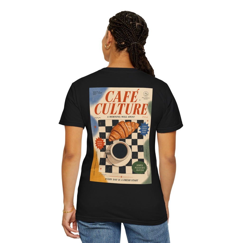 Cafe Culture T-Shirt — Retro Coffee & Croissant Vintage Poster Tee