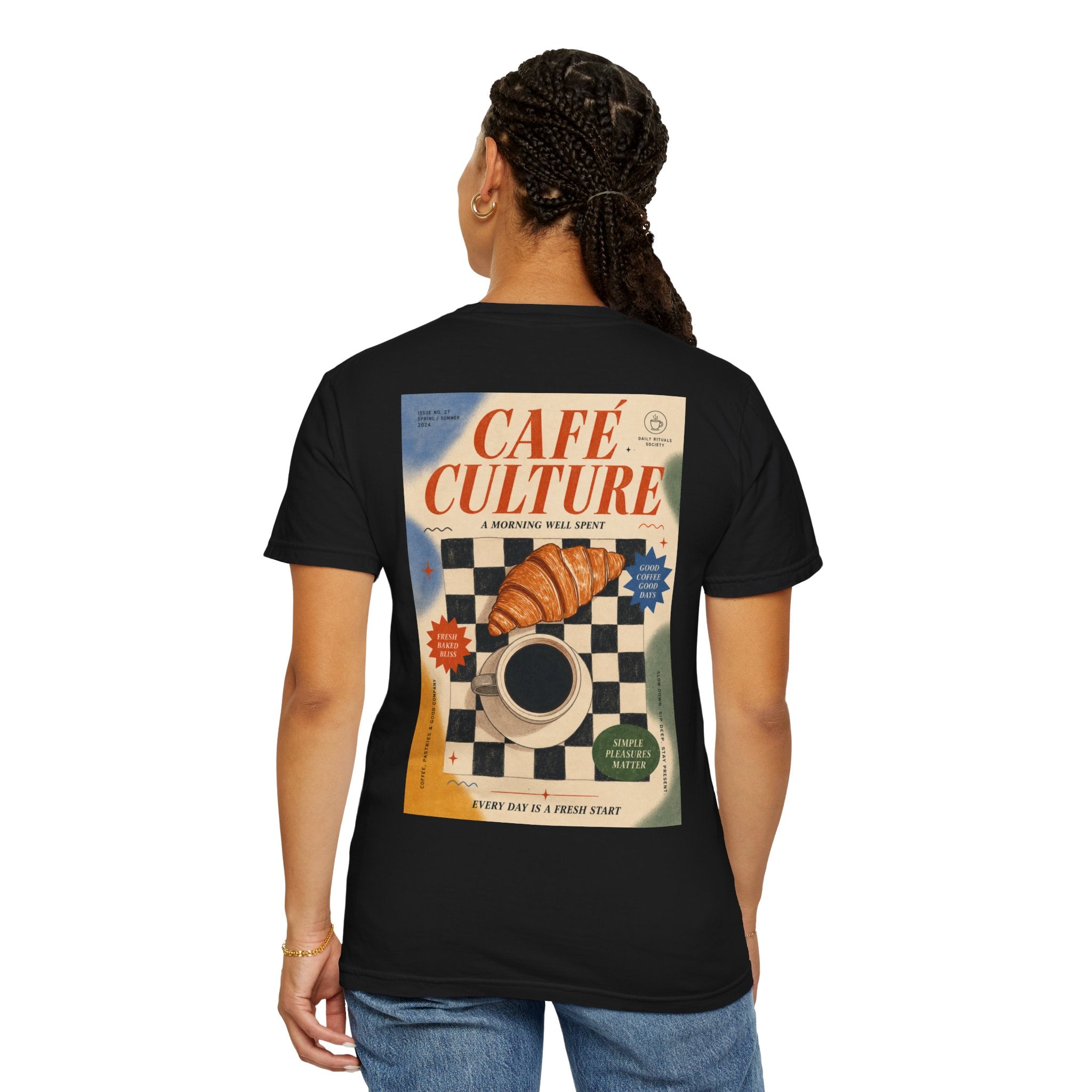 Cafe Culture T-Shirt — Retro Coffee & Croissant Vintage Poster Tee