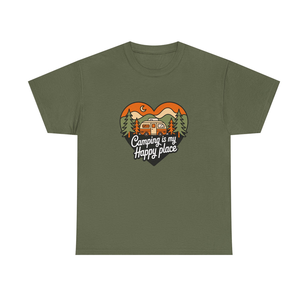 Camping Is My Happy Place T-Shirt — Heart Camper Graphic Tee for Outdoor Lovers