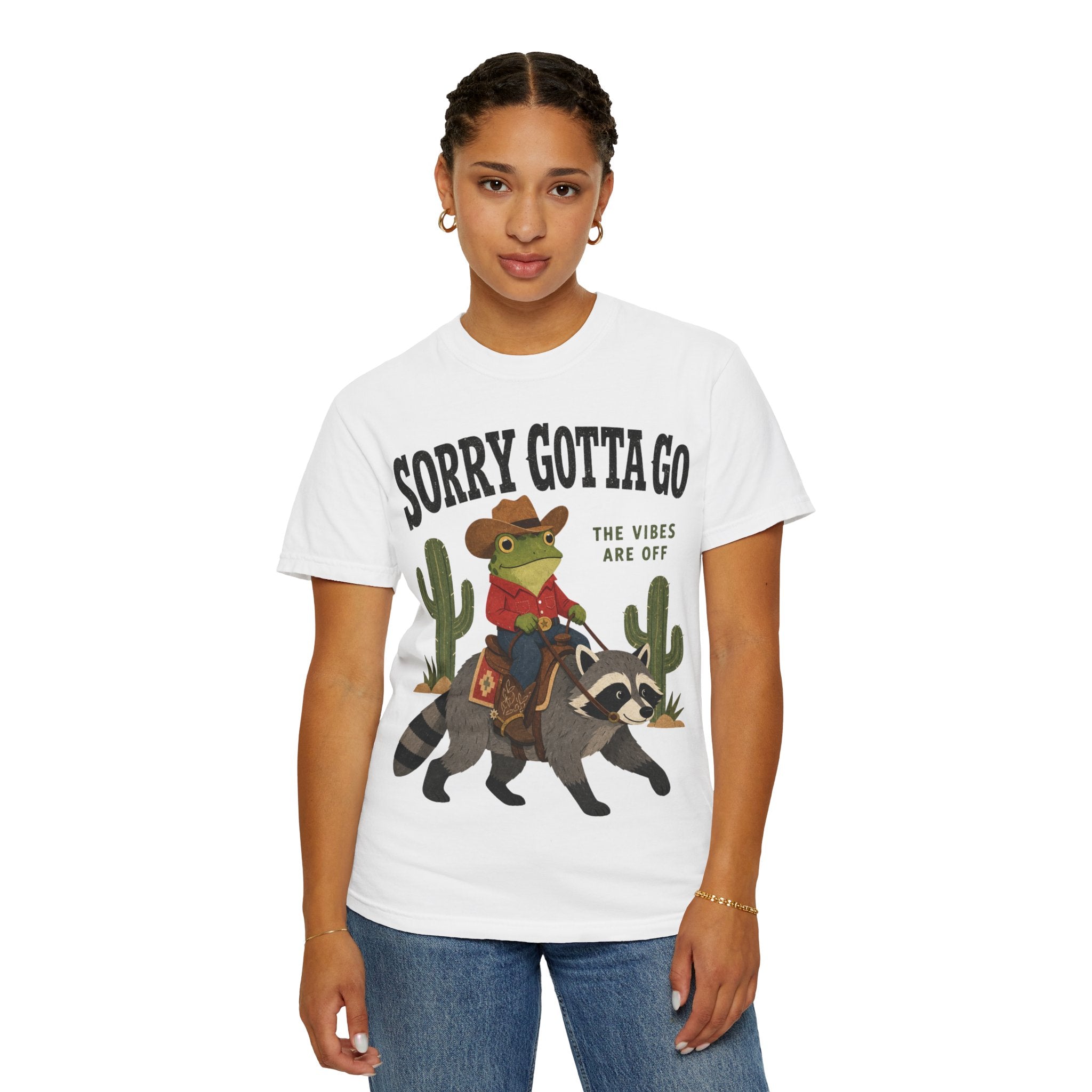 Sorry Gotta Go T-Shirt — Cowboy Frog Riding Raccoon (The Vibes Are Off)