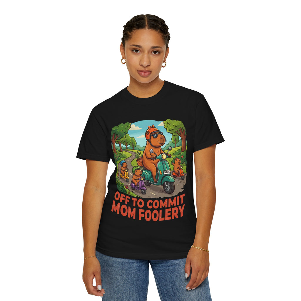 Mom Foolery Scooter Bear T-Shirt — "Off to Commit Mom Foolery" Graphic Tee