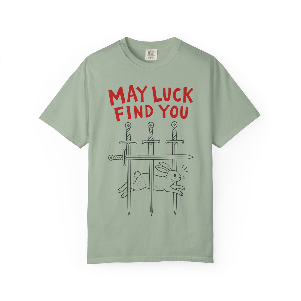 May Luck Find You T-Shirt — Lucky Rabbit & Swords Graphic Tee
