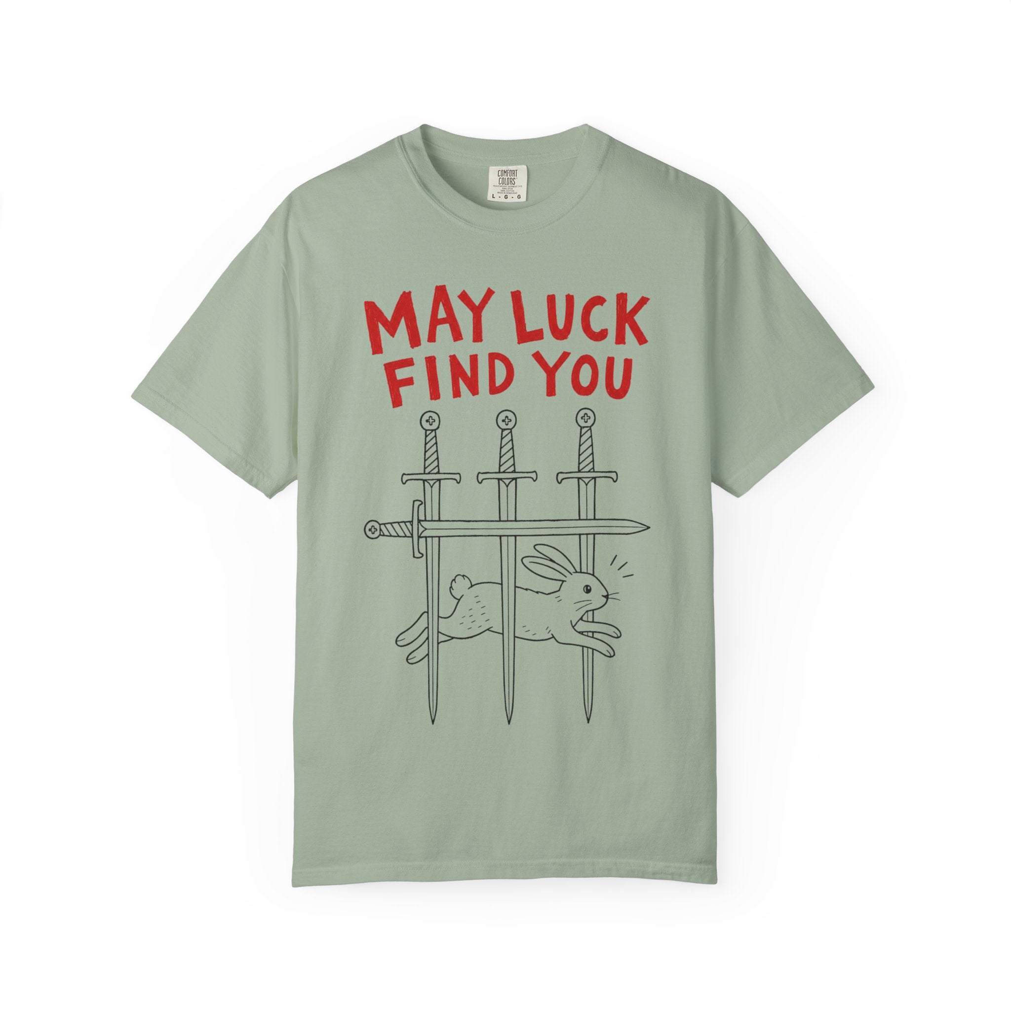 May Luck Find You T-Shirt — Lucky Rabbit & Swords Graphic Tee