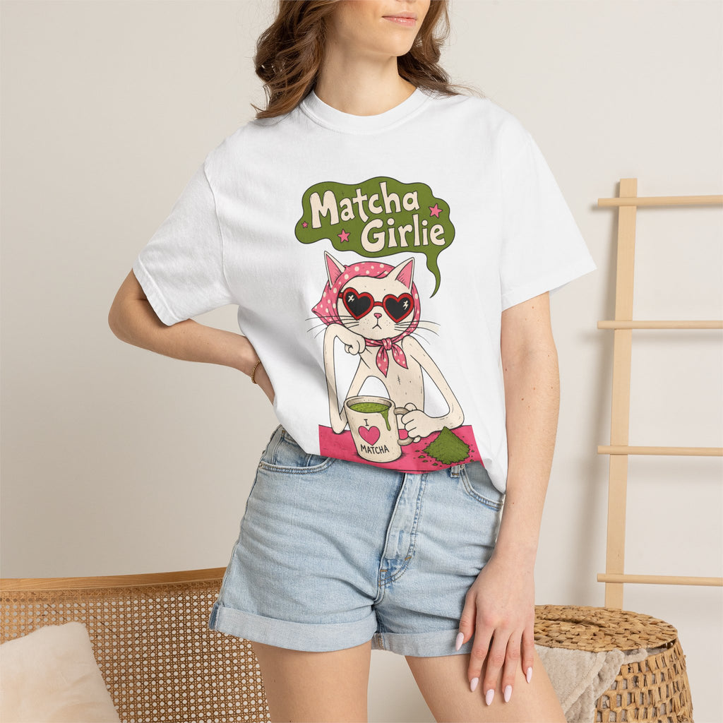 Matcha Girlie T-Shirt — Cute Cat Drinking Matcha Graphic Tee