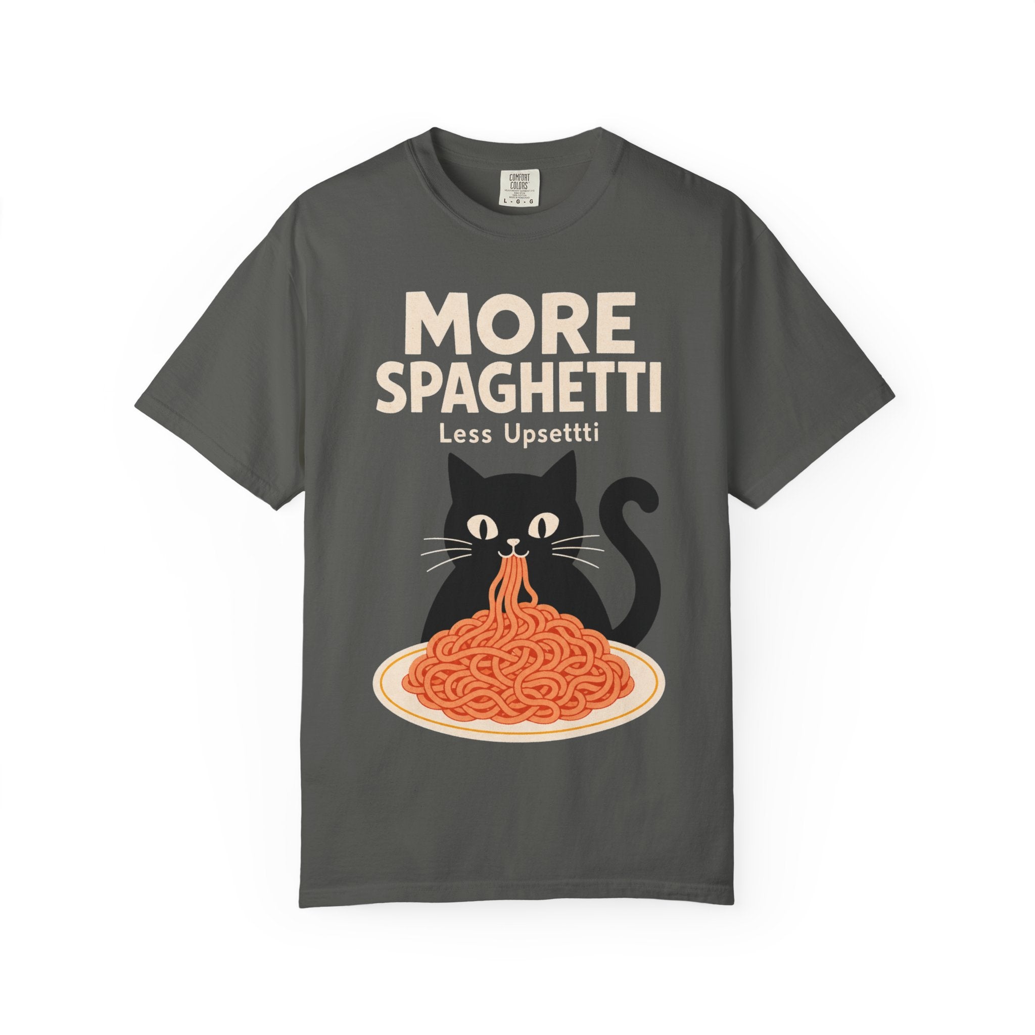 More Spaghetti Cat T‑Shirt — Cute Black Cat Eating Pasta Graphic Tee