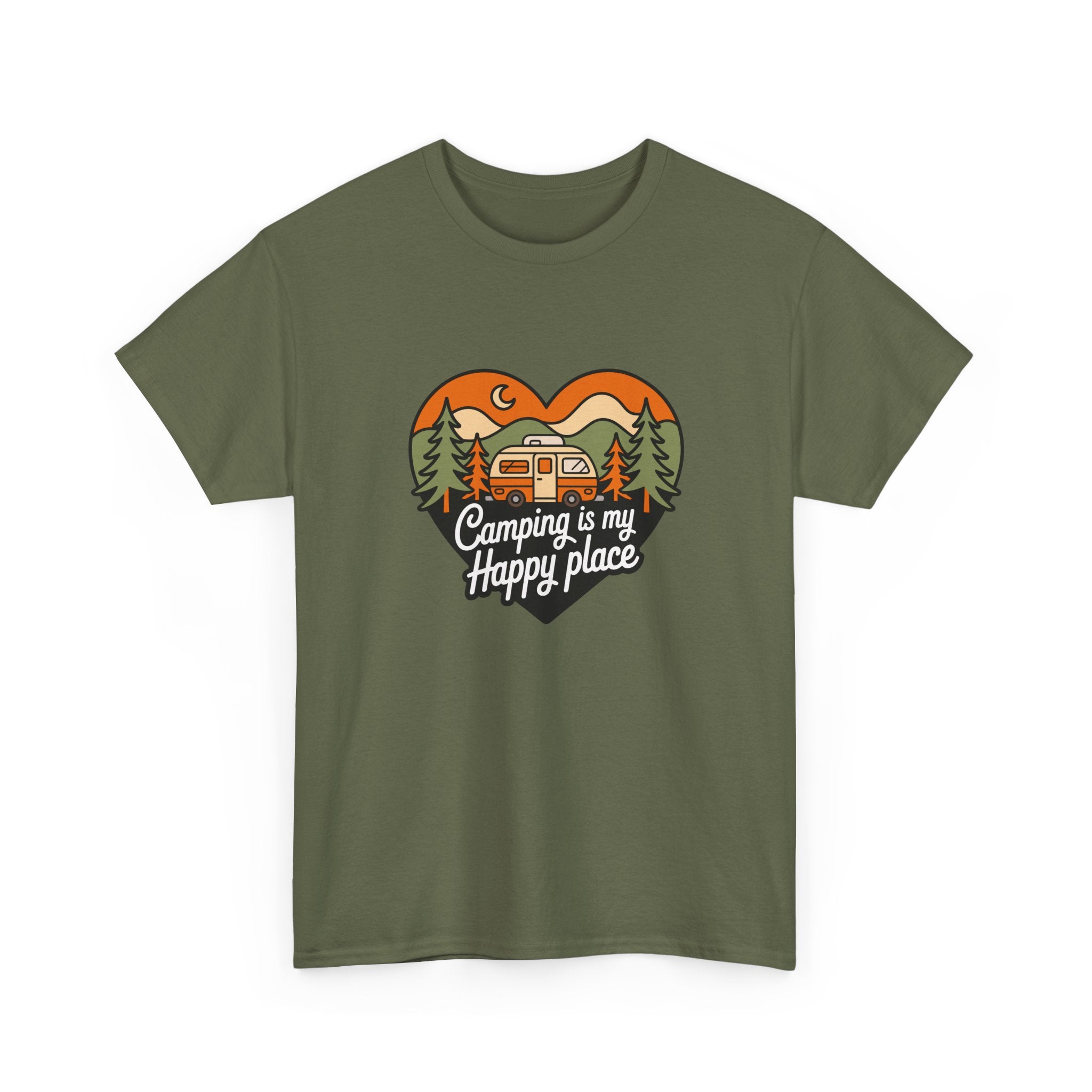 Camping Is My Happy Place T-Shirt — Heart Camper Graphic Tee for Outdoor Lovers